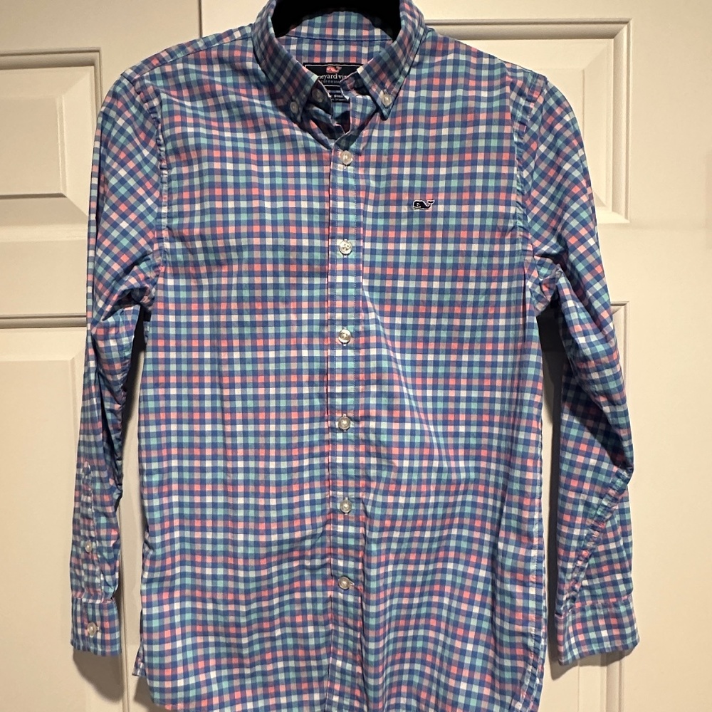 Vineyard Vines Boys Performance Button-up Plaid Whale Shirt - Size M (12-14)